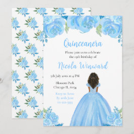 Invitación Piel Oscura Princesa Floral Azul Quinceanera