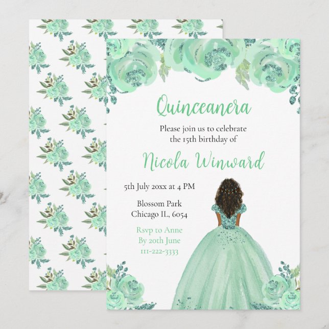 Invitación Piel Oscura Princesa Mint Floral Quinceanera (Anverso / Reverso)