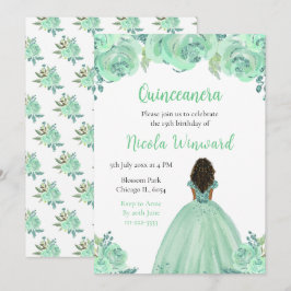 Invitación Piel Oscura Princesa Mint Floral Quinceanera