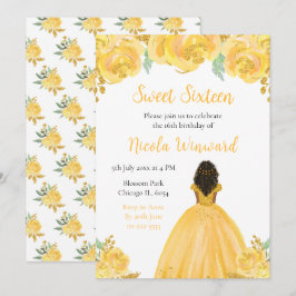 Invitación Piel Oscura Princesa Oro Dulce Floral Dieciséis