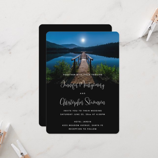 Invitación Pier de noche bajo un Boda de luna llena (Anverso/Reverso In Situ)