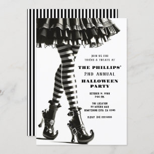 Invitación Piernas con rayas góticas Halloween blanco negro