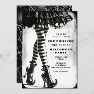 Invitación Piernas con rayas góticas Halloween blanco negro