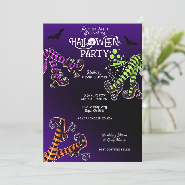 Invitación Piernas de Bruja Fiesta de Halloween Morado Embruj (Anverso de pie)