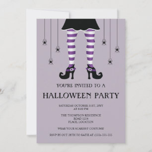 Invitación Piernas de Bruja Moradas Y Arañas Feliz Halloween