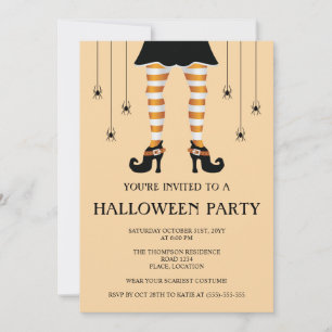 Invitación Piernas de Bruja Naranja y Arañas Feliz Halloween