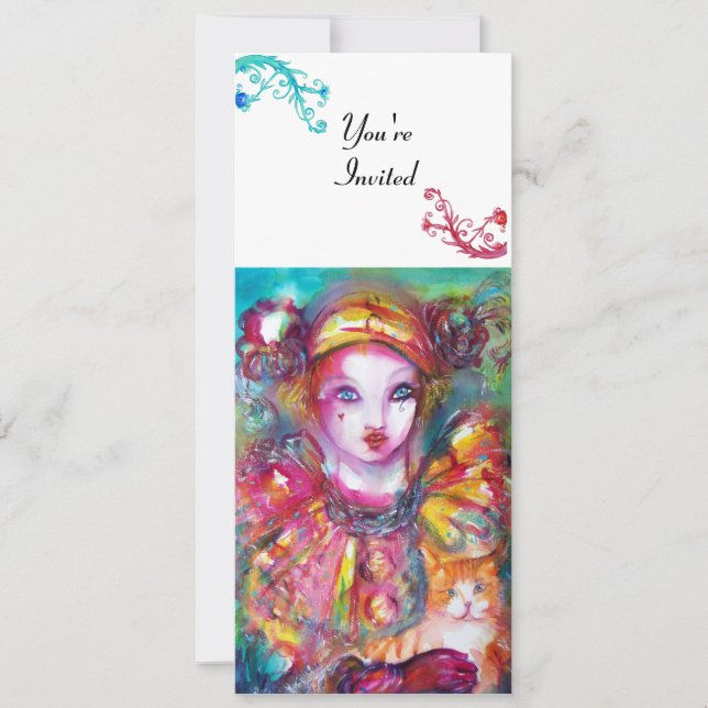 Invitación PIERROT CON CAT / Fiesta de la Mascarada Mardi Gra (Anverso)