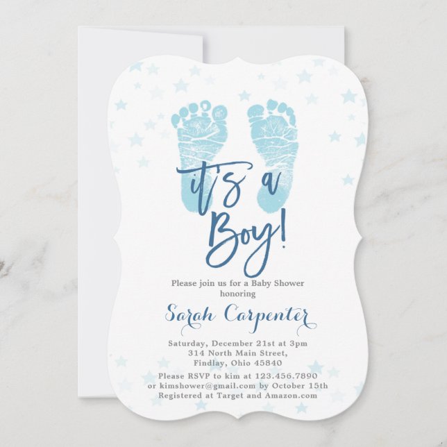 Invitación Pies de bebé azul es un niño Baby Shower (Anverso)