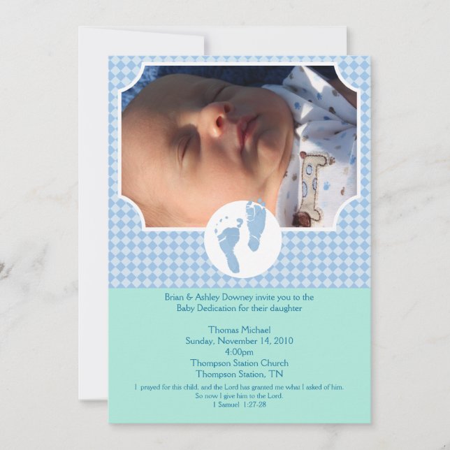 Invitación Pies de bebé Baptismo azul Dedicación 5x7 foto (Anverso)