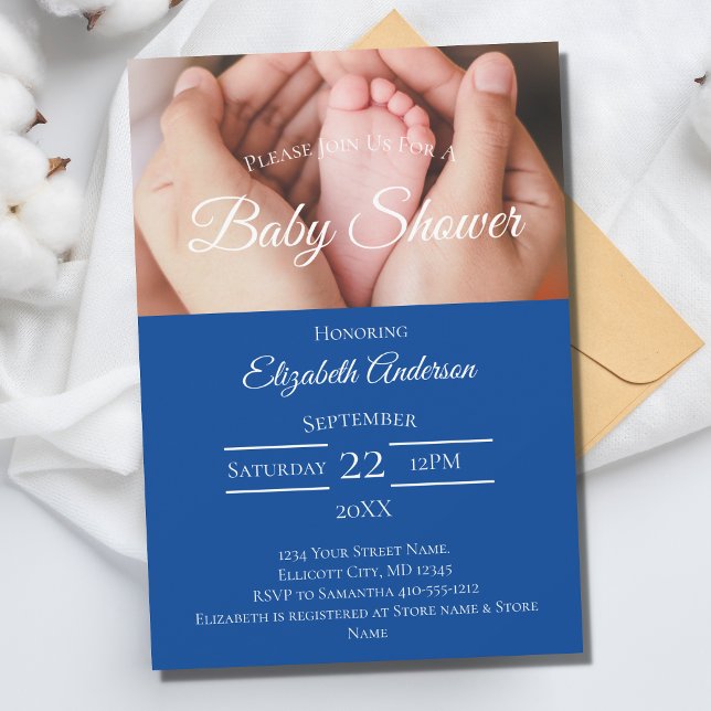 Invitación Pies de bebé Foto Baby Shower Blue White Boy (Subido por el creador)