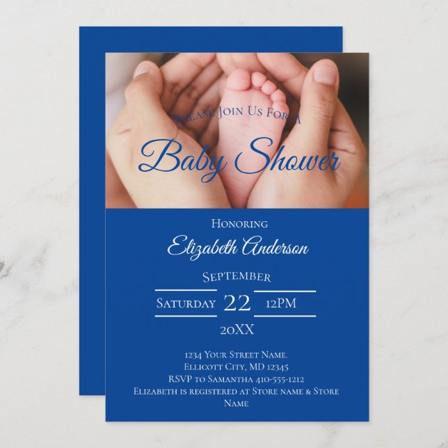 Invitación Pies de bebé Foto Baby Shower Blue White Boy (Anverso / Reverso)