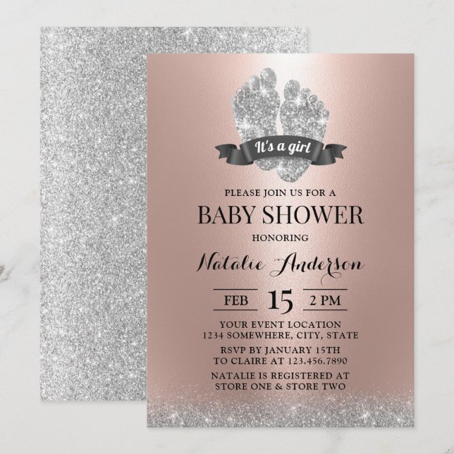 Invitación Pies de bebé Rosa moderno Chica de oro Baby Shower (Anverso / Reverso)