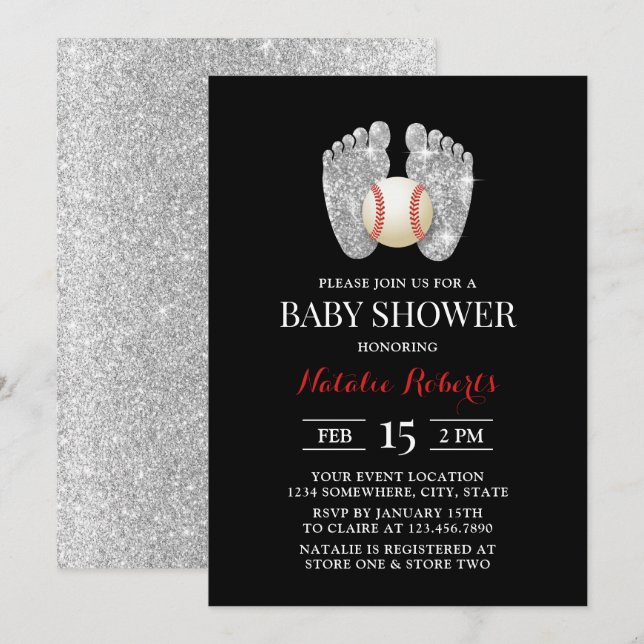 Invitación Pies de bebé y Baby Shower deportivo de béisbol (Anverso / Reverso)