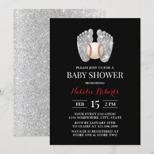 Invitación Pies de bebé y Baby Shower deportivo de béisbol