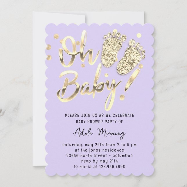 Invitación Pies De Confetti De Oro Niña Chica Ducha Púrpura (Anverso)