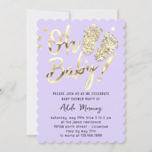 Invitación Pies De Confetti De Oro Niña Chica Ducha Púrpura