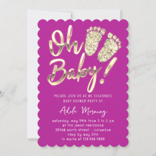 Invitación Pies Dorados Bebé Chica Ducha Morada Fuchsia