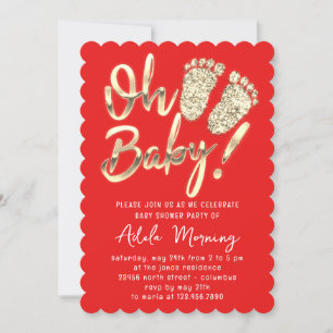 Invitación Pies dorados Bebé Chica Ducha Rojo