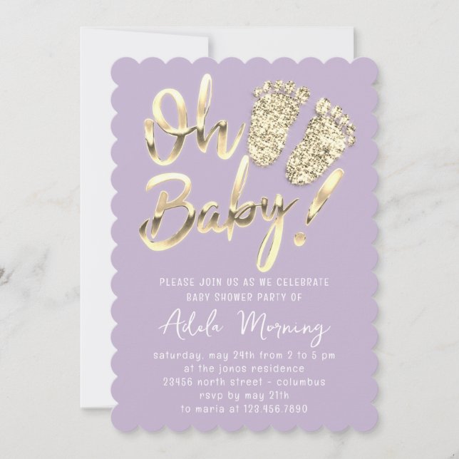 Invitación Pies Dorados Bebé Chica Ducha Violeta Púrpura (Anverso)