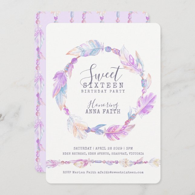 Invitación Pies morado acuarela dulce dieciséis (Anverso / Reverso)