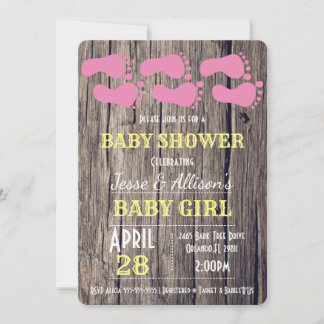 Invitación Pies Rústicos Imprimen Bebé Chica Invitada en Baby