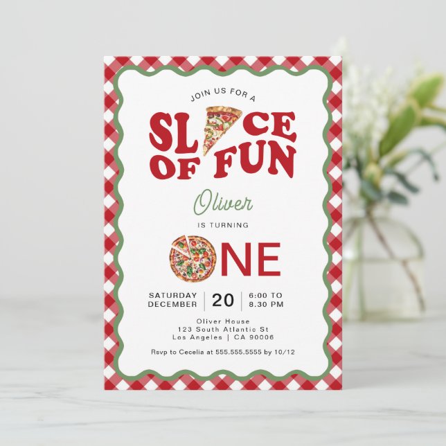 Invitación Pieza De Diversión | Wavy Pizza primer cumpleaños (Anverso de pie)