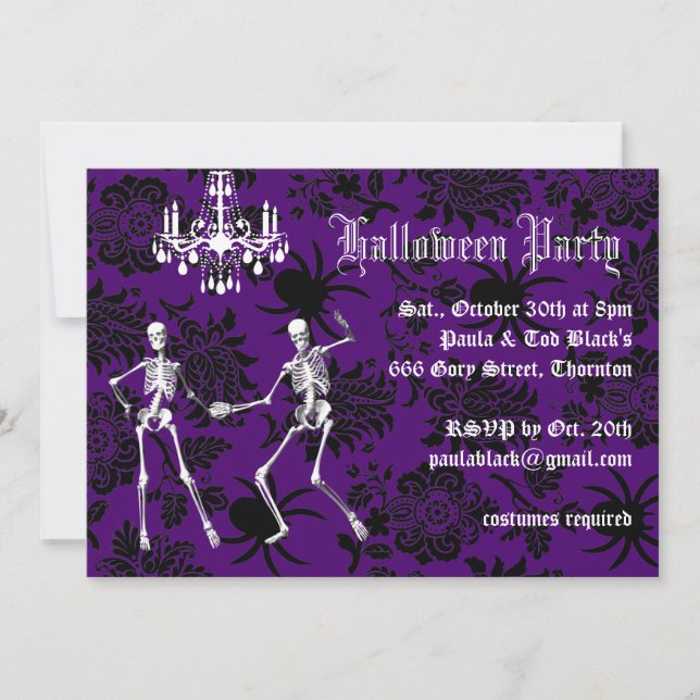Invitación Pieza de Fiesta violeta glamorosa de los esqueleto (Anverso)