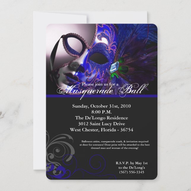 Invitación Pieza de máscara azul disfraz mascarada parte de H (Anverso)