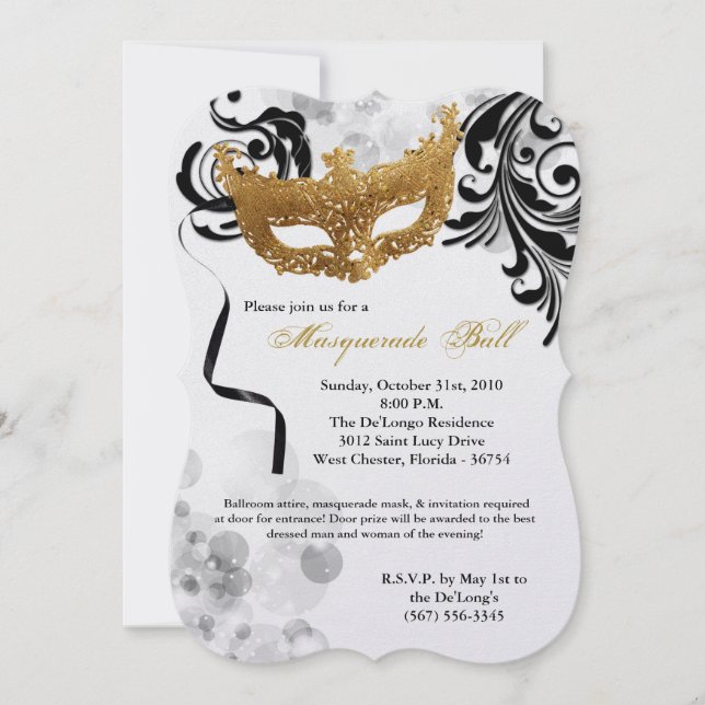 Invitación Pieza de máscara de bolas de máscaras de oro disfr (Anverso)