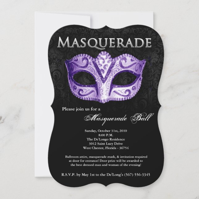 Invitación Pieza de máscara de bolas de máscaras moradas disf (Anverso)