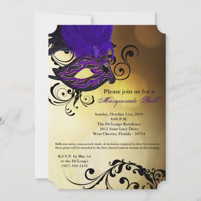 Invitación Pieza de máscara de bolas de máscaras moradas disf (Anverso)