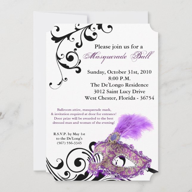Invitación Pieza de máscara de bolas de máscaras moradas disf (Anverso)