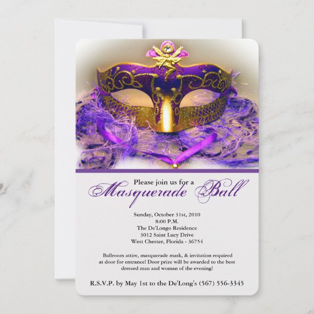 Invitación Pieza de máscara de bolas de máscaras moradas disf (Anverso)