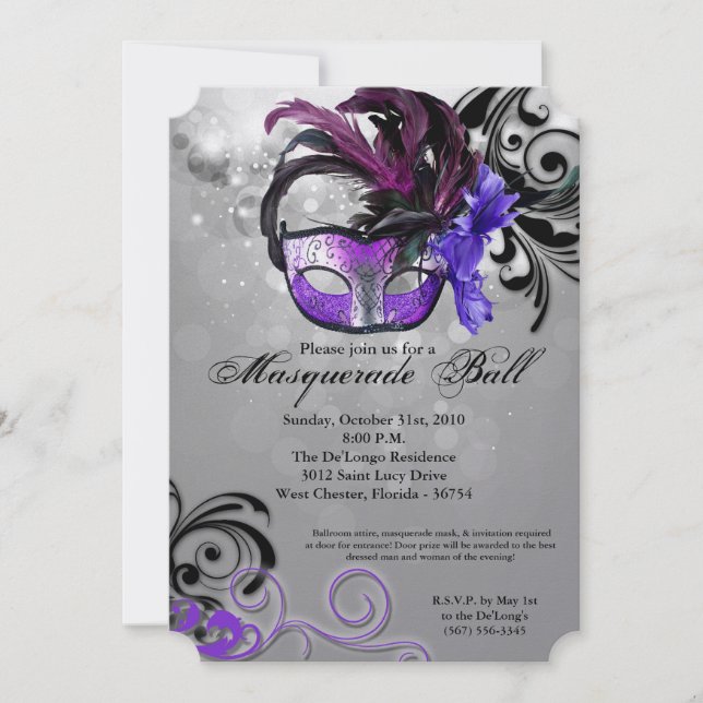 Invitación Pieza de máscara de bolas de máscaras moradas disf (Anverso)