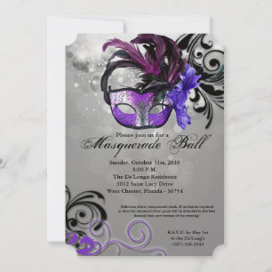 Invitación Pieza de máscara de bolas de máscaras moradas disf