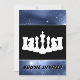 Invitación Piezas de ajedrez blancas y galaxia espacial Cumpl