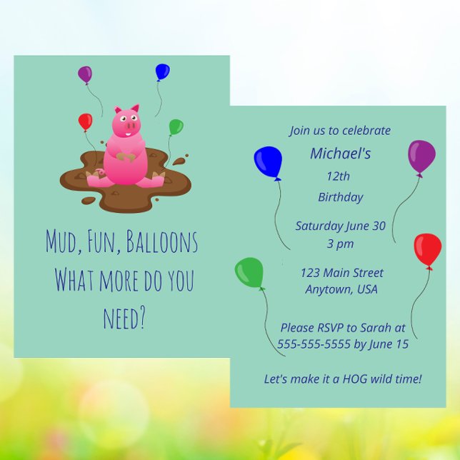 Invitación Pig Party Invitation – Mud Fun & Balloons (Subido por el creador)