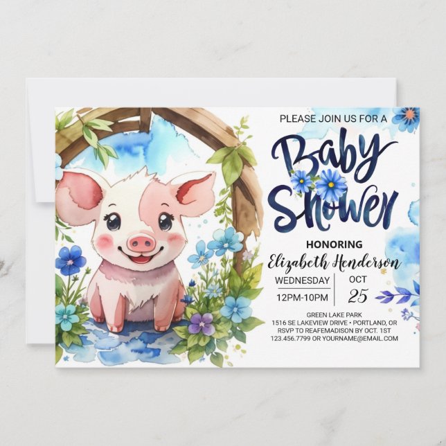 Invitación Piggy Parade Watercolor Farm Baby Shower (Anverso)