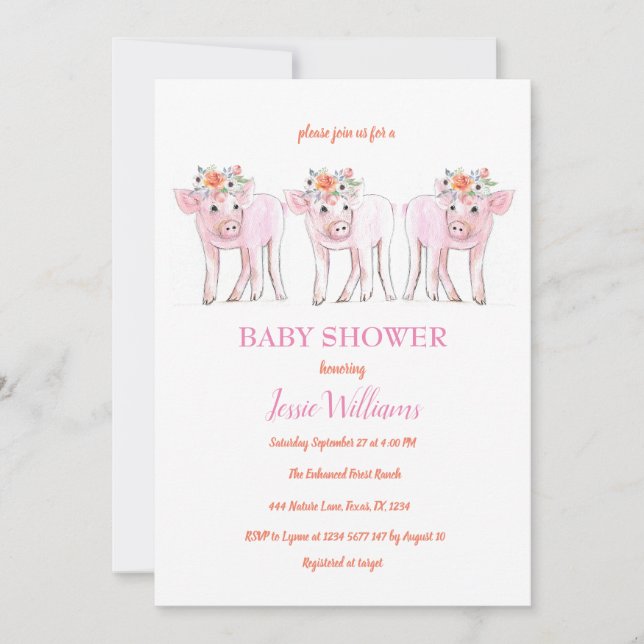 Invitación Piggy Triplets Baby Shower Piglet Chica Farm Anima (Anverso)
