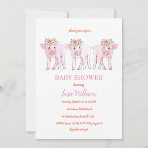 Invitación Piggy Triplets Baby Shower Piglet Chica Farm Anima