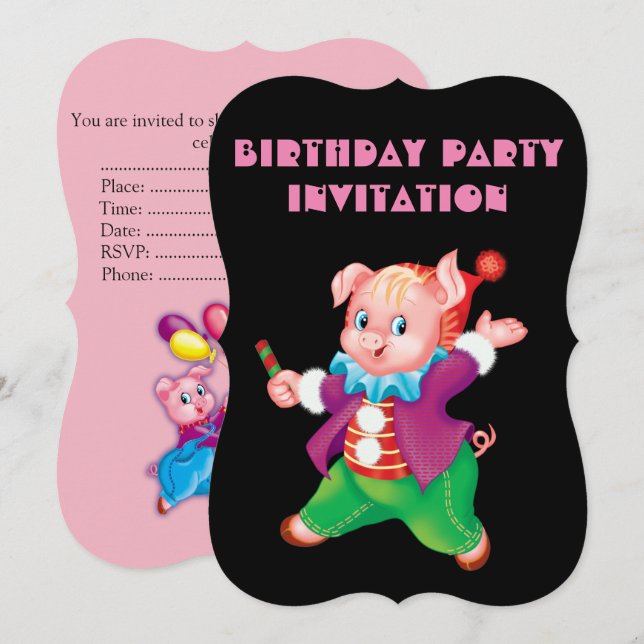 Invitación piglet rosado alegre (Anverso / Reverso)
