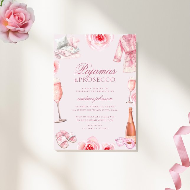 Invitación Pijama de Rosa Rosa & Prosecco Pj's Despedida de S (Subido por el creador)