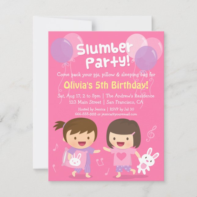 Invitación Pijamada de cumpleaños de chicas lindas (Anverso)