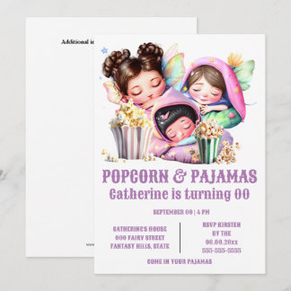 Invitación Pijamas fiesta de pijamas para niñas con palomitas