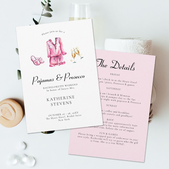 Invitación Pijamas Prosecco Bachelorette Party Itinerario (pajamas prosecco bachelorette weekend party itinerary pj champagne pink watercolor girls night out)