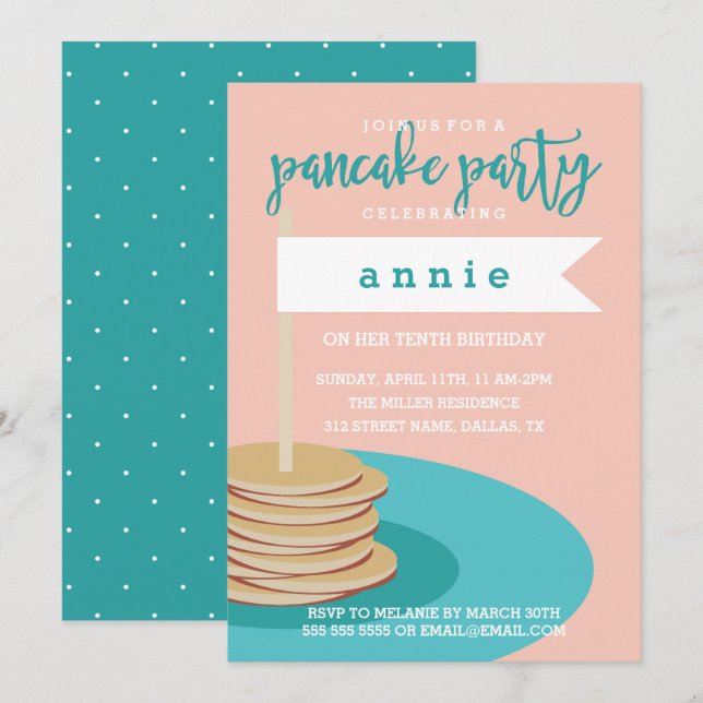 Invitación Pila de crepes | Fiesta de cumpleaños (Anverso / Reverso)