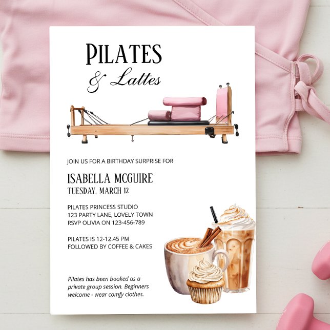 Invitación Pilates Reformador Rosa y Lattes Cumpleaños (Pilates & Lattes stretch and brunch themed invitation by Darling & May)