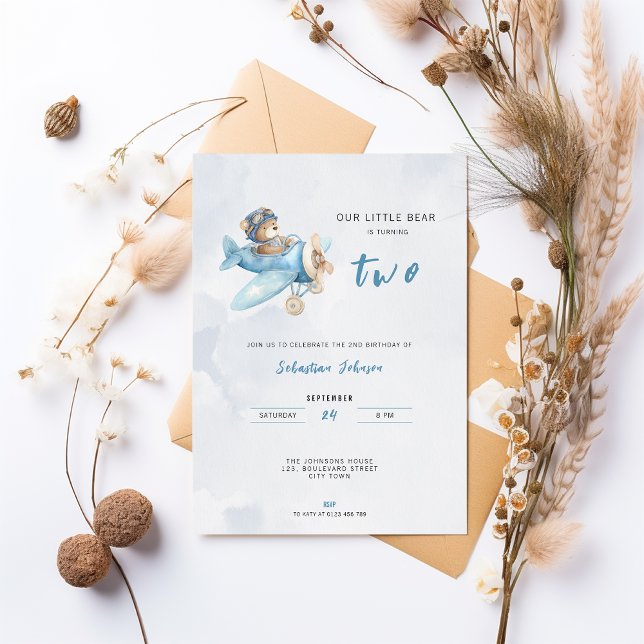 Invitación Pilot Bear Airplane 2nd Birthday Party Invitation (Cute watercolor pilot bear in airplane 2nd birthday invitation)
