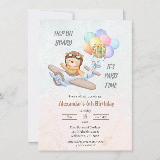 Invitación Pilot Teddy Bear Birthday Invitation (Anverso)