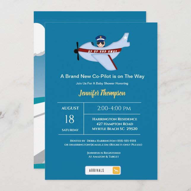 Invitación Piloto Cute Sunshade y Baby Shower del avión (Anverso / Reverso)